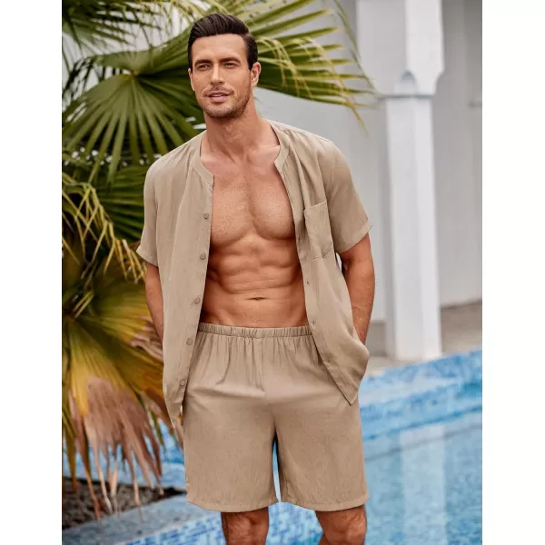 Ekouaer Mens Pajamas 2 Piece Lounge Sets Button Down Shorts Set Outfits Tracksuits with PocketsLight Tan