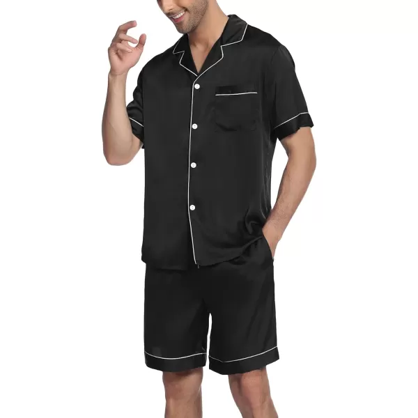 Ekouaer Mens Satin Pajamas Set ButtonDown Short Sleeve Shirt Top Soft Silk Sleepwear Loose Pocket Pant LoungewearBlack