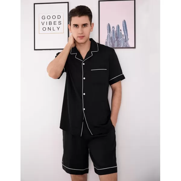 Ekouaer Mens Satin Pajamas Set ButtonDown Short Sleeve Shirt Top Soft Silk Sleepwear Loose Pocket Pant LoungewearBlack