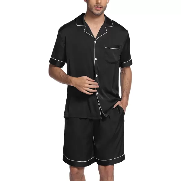 Ekouaer Mens Satin Pajamas Set ButtonDown Short Sleeve Shirt Top Soft Silk Sleepwear Loose Pocket Pant LoungewearBlack