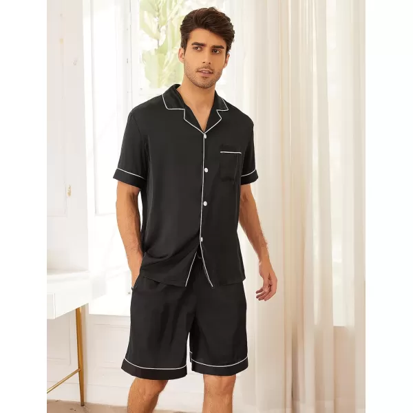 Ekouaer Mens Satin Pajamas Set ButtonDown Short Sleeve Shirt Top Soft Silk Sleepwear Loose Pocket Pant LoungewearBlack