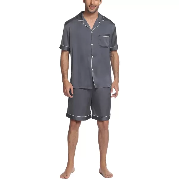 Ekouaer Mens Satin Pajamas Set ButtonDown Short Sleeve Shirt Top Soft Silk Sleepwear Loose Pocket Pant LoungewearGrey