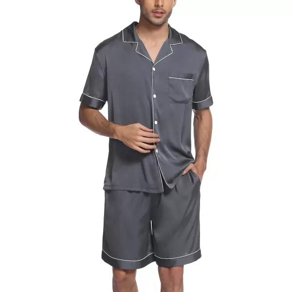 Ekouaer Mens Satin Pajamas Set ButtonDown Short Sleeve Shirt Top Soft Silk Sleepwear Loose Pocket Pant LoungewearGrey