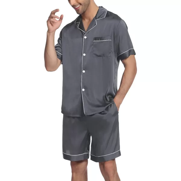 Ekouaer Mens Satin Pajamas Set ButtonDown Short Sleeve Shirt Top Soft Silk Sleepwear Loose Pocket Pant LoungewearGrey