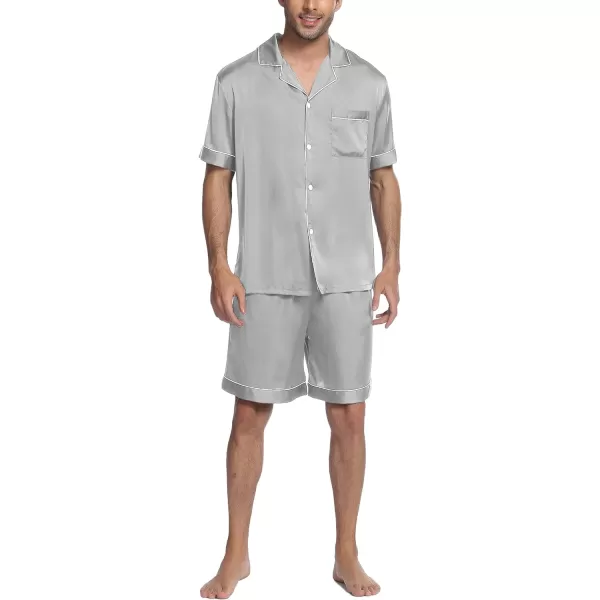 Ekouaer Mens Satin Pajamas Set ButtonDown Short Sleeve Shirt Top Soft Silk Sleepwear Loose Pocket Pant LoungewearLight Grey