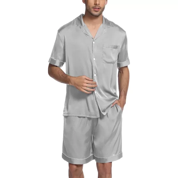 Ekouaer Mens Satin Pajamas Set ButtonDown Short Sleeve Shirt Top Soft Silk Sleepwear Loose Pocket Pant LoungewearLight Grey