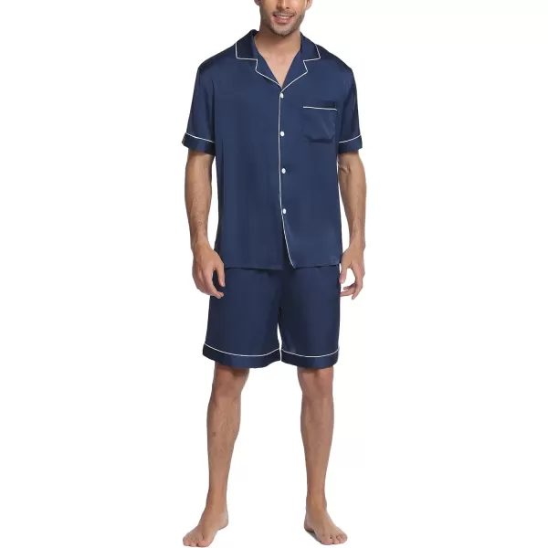 Ekouaer Mens Satin Pajamas Set ButtonDown Short Sleeve Shirt Top Soft Silk Sleepwear Loose Pocket Pant LoungewearNavy