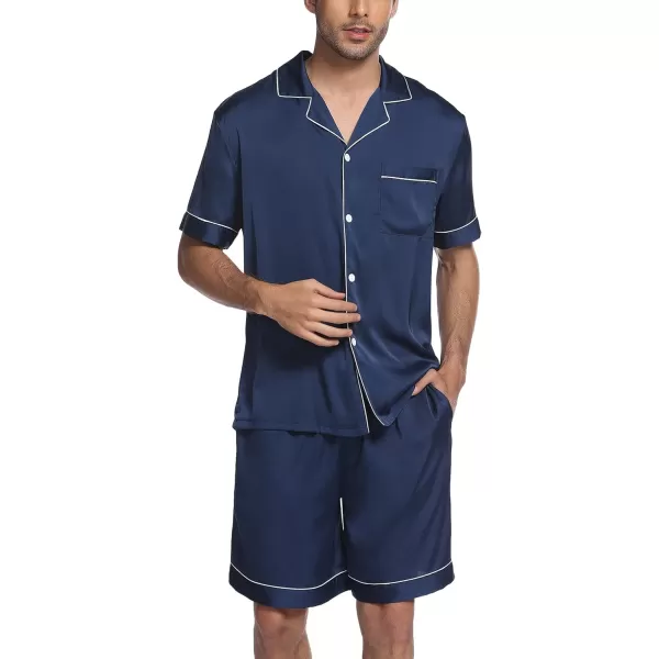 Ekouaer Mens Satin Pajamas Set ButtonDown Short Sleeve Shirt Top Soft Silk Sleepwear Loose Pocket Pant LoungewearNavy