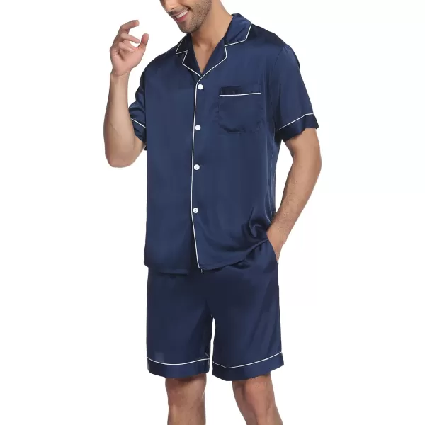 Ekouaer Mens Satin Pajamas Set ButtonDown Short Sleeve Shirt Top Soft Silk Sleepwear Loose Pocket Pant LoungewearNavy