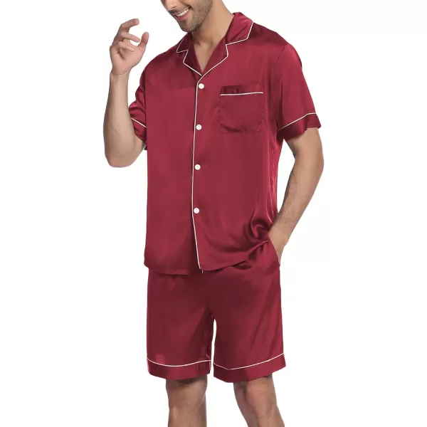 Ekouaer Mens Satin Pajamas Set ButtonDown Short Sleeve Shirt Top Soft Silk Sleepwear Loose Pocket Pant LoungewearWine Red