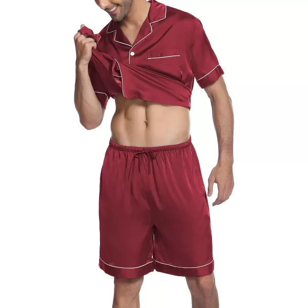 Ekouaer Mens Satin Pajamas Set ButtonDown Short Sleeve Shirt Top Soft Silk Sleepwear Loose Pocket Pant LoungewearWine Red