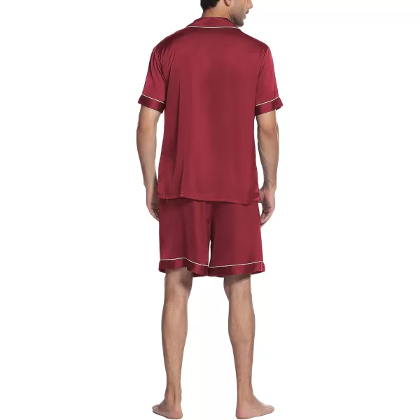 Ekouaer Mens Satin Pajamas Set ButtonDown Short Sleeve Shirt Top Soft Silk Sleepwear Loose Pocket Pant LoungewearWine Red