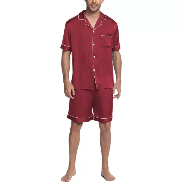 Ekouaer Mens Satin Pajamas Set ButtonDown Short Sleeve Shirt Top Soft Silk Sleepwear Loose Pocket Pant LoungewearWine Red