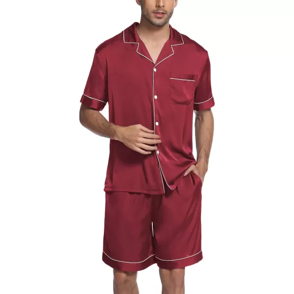 Ekouaer Mens Satin Pajamas Set ButtonDown Short Sleeve Shirt Top Soft Silk Sleepwear Loose Pocket Pant LoungewearWine Red