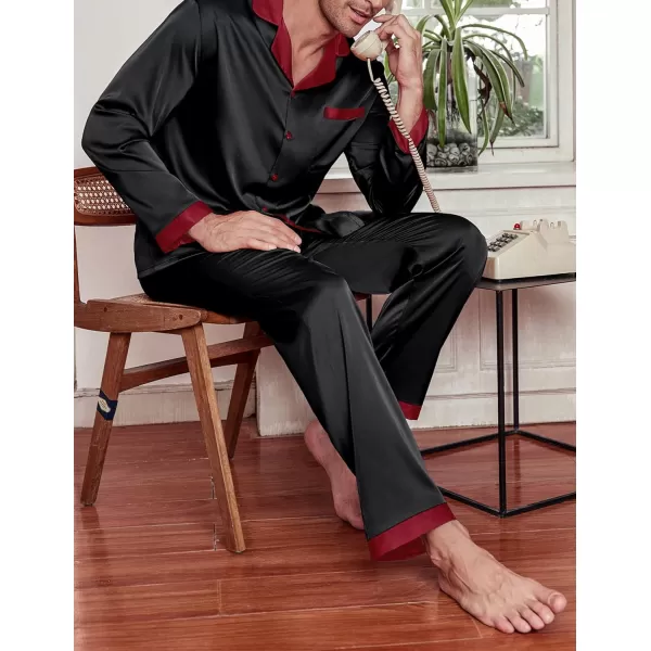 Ekouaer Mens Silk Pajama Set Long Satin Loungewear 2 Piece Pjs Classic Button Down Sleepwear SXXLLong Sleeveblack