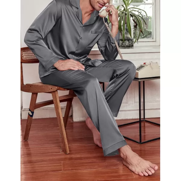 Ekouaer Mens Silk Pajama Set Long Satin Loungewear 2 Piece Pjs Classic Button Down Sleepwear SXXLLong Sleevedark Grey