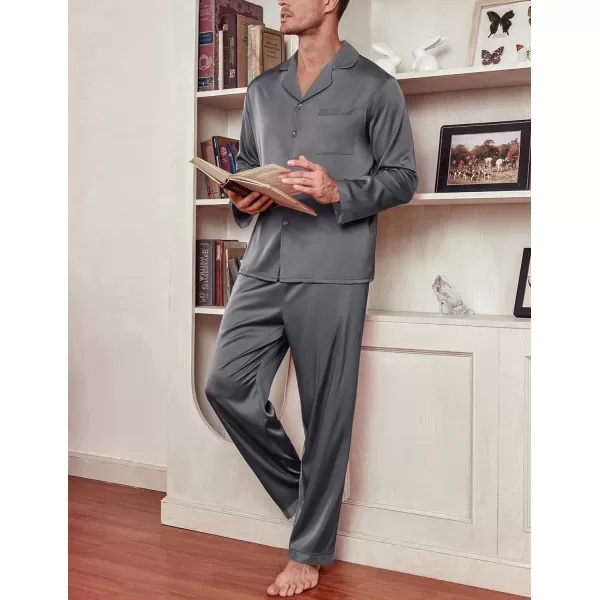 Ekouaer Mens Silk Pajama Set Long Satin Loungewear 2 Piece Pjs Classic Button Down Sleepwear SXXLLong Sleevedark Grey