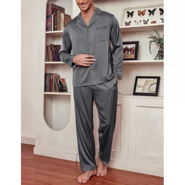 Ekouaer Mens Silk Pajama Set Long Satin Loungewear 2 Piece Pjs Classic Button Down Sleepwear SXXLLong Sleevedark Grey