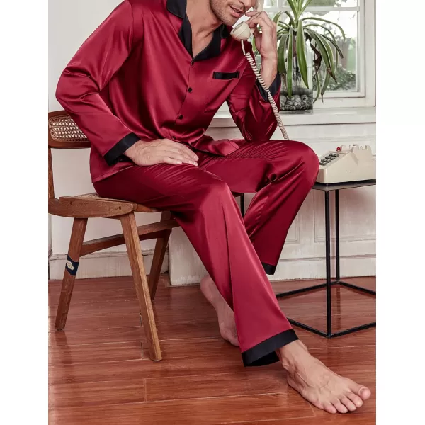 Ekouaer Mens Silk Pajama Set Long Satin Loungewear 2 Piece Pjs Classic Button Down Sleepwear SXXLLong Sleevedark Red