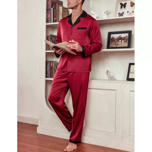 Ekouaer Mens Silk Pajama Set Long Satin Loungewear 2 Piece Pjs Classic Button Down Sleepwear SXXLLong Sleevedark Red