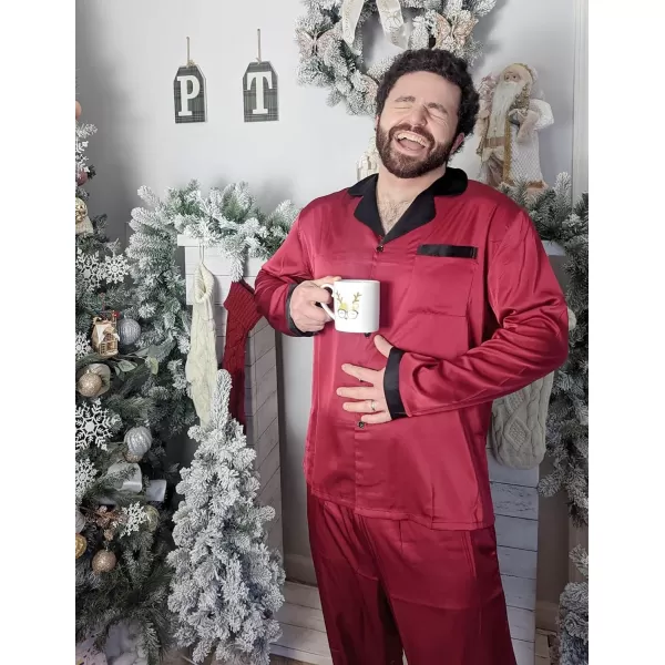 Ekouaer Mens Silk Pajama Set Long Satin Loungewear 2 Piece Pjs Classic Button Down Sleepwear SXXLLong Sleevedark Red