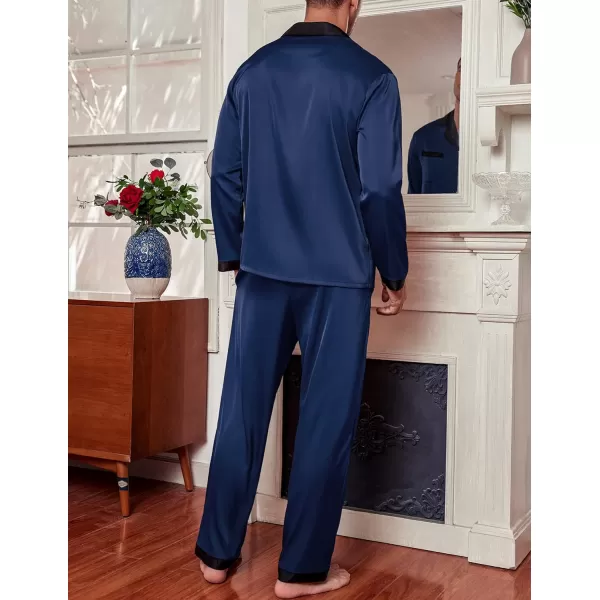 Ekouaer Mens Silk Pajama Set Long Satin Loungewear 2 Piece Pjs Classic Button Down Sleepwear SXXLLong Sleevenavy Blue