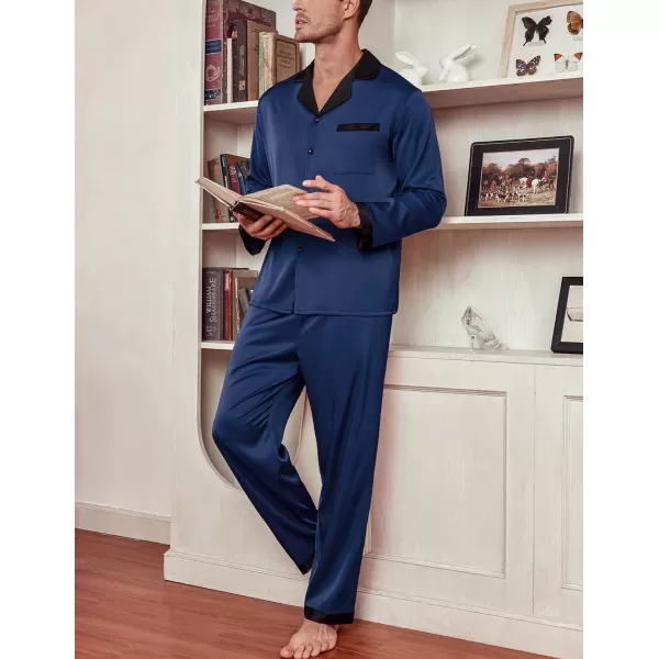 Ekouaer Mens Silk Pajama Set Long Satin Loungewear 2 Piece Pjs Classic Button Down Sleepwear SXXLLong Sleevenavy Blue