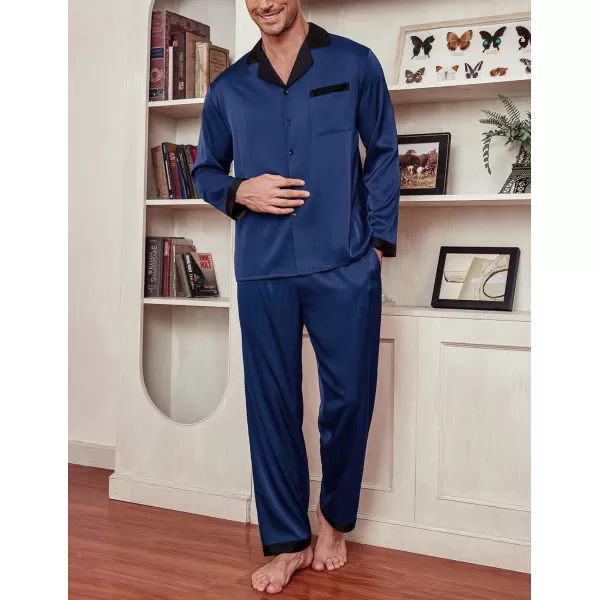 Ekouaer Mens Silk Pajama Set Long Satin Loungewear 2 Piece Pjs Classic Button Down Sleepwear SXXLLong Sleevenavy Blue