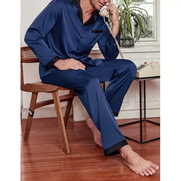 Ekouaer Mens Silk Pajama Set Long Satin Loungewear 2 Piece Pjs Classic Button Down Sleepwear SXXLLong Sleevenavy Blue