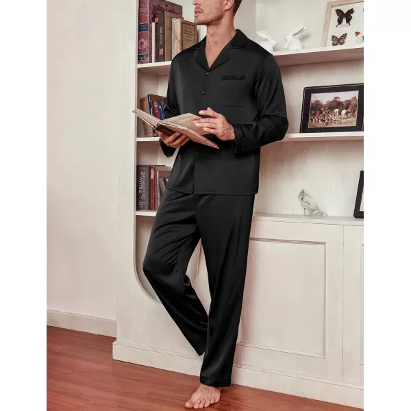 Ekouaer Mens Silk Pajama Set Long Satin Loungewear 2 Piece Pjs Classic Button Down Sleepwear SXXLLong Sleevetype1black