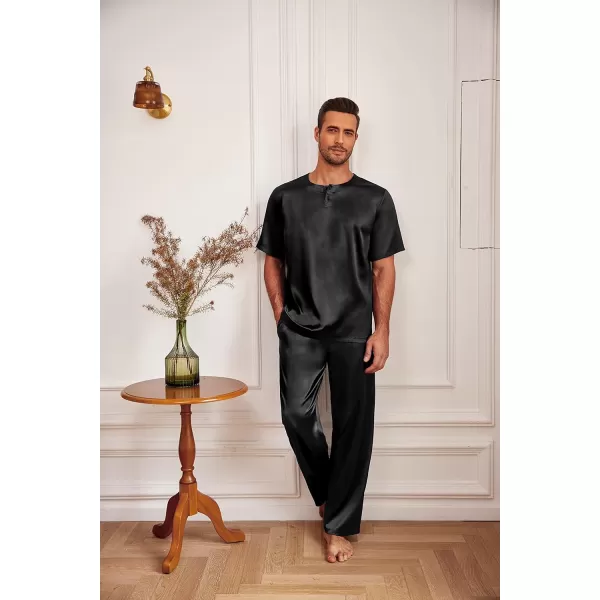 Ekouaer Mens Silk Satin Pajama Set Short Sleeve Sleepwear Silky Loungewear with Long PantsButton Down Black