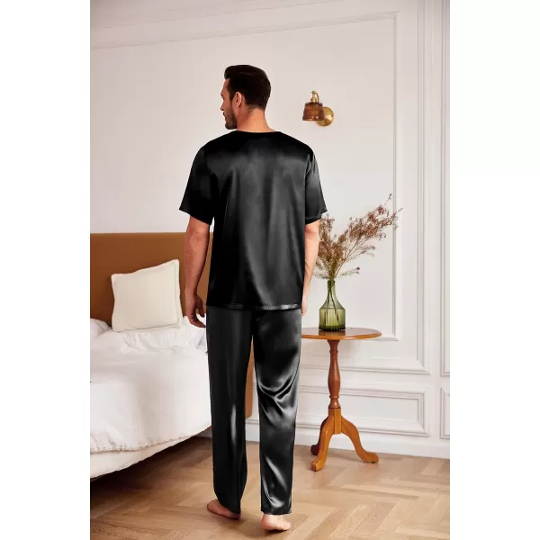 Ekouaer Mens Silk Satin Pajama Set Short Sleeve Sleepwear Silky Loungewear with Long PantsButton Down Black