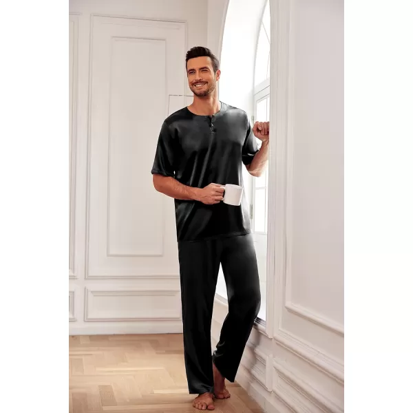 Ekouaer Mens Silk Satin Pajama Set Short Sleeve Sleepwear Silky Loungewear with Long PantsButton Down Black