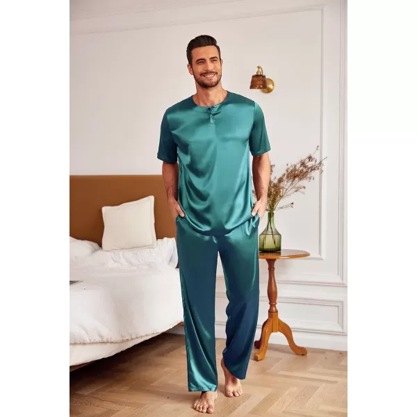 Ekouaer Mens Silk Satin Pajama Set Short Sleeve Sleepwear Silky Loungewear with Long PantsButton Down Dark Green