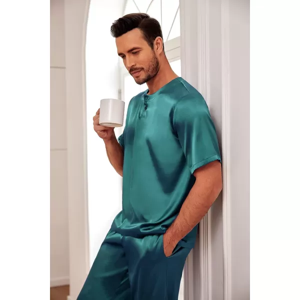 Ekouaer Mens Silk Satin Pajama Set Short Sleeve Sleepwear Silky Loungewear with Long PantsButton Down Dark Green