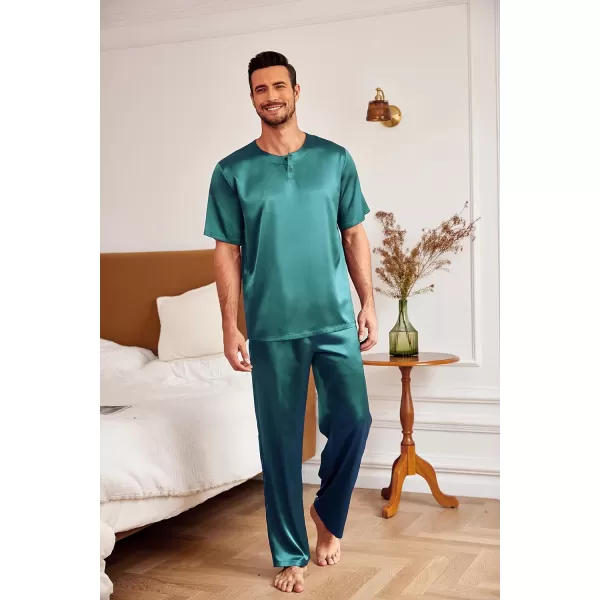 Ekouaer Mens Silk Satin Pajama Set Short Sleeve Sleepwear Silky Loungewear with Long PantsButton Down Dark Green