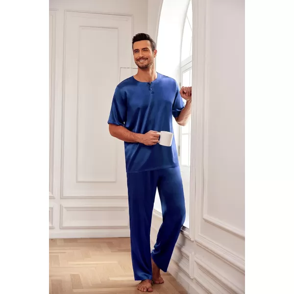 Ekouaer Mens Silk Satin Pajama Set Short Sleeve Sleepwear Silky Loungewear with Long PantsButton Down Navy Blue