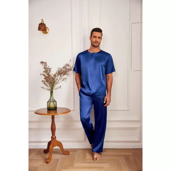 Ekouaer Mens Silk Satin Pajama Set Short Sleeve Sleepwear Silky Loungewear with Long PantsButton Down Navy Blue