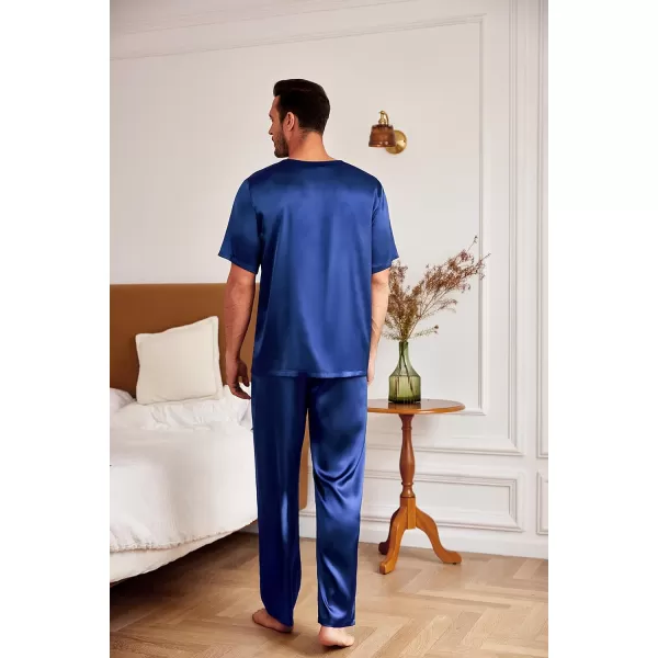 Ekouaer Mens Silk Satin Pajama Set Short Sleeve Sleepwear Silky Loungewear with Long PantsButton Down Navy Blue