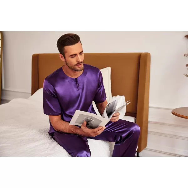 Ekouaer Mens Silk Satin Pajama Set Short Sleeve Sleepwear Silky Loungewear with Long PantsButton Down Purple