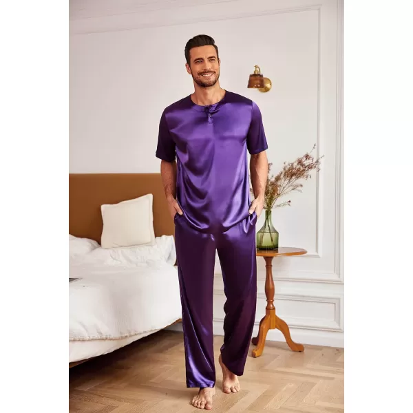 Ekouaer Mens Silk Satin Pajama Set Short Sleeve Sleepwear Silky Loungewear with Long PantsButton Down Purple