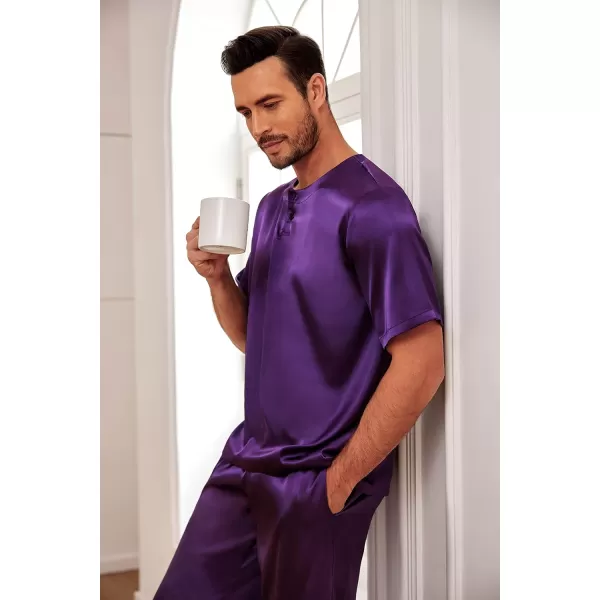 Ekouaer Mens Silk Satin Pajama Set Short Sleeve Sleepwear Silky Loungewear with Long PantsButton Down Purple