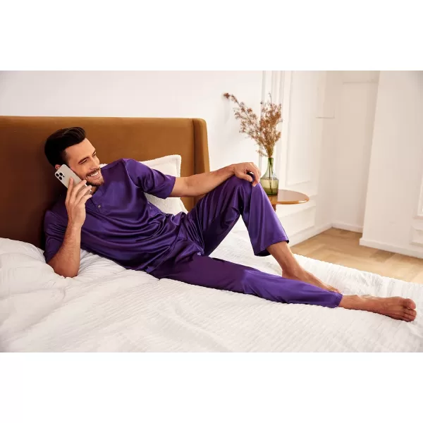 Ekouaer Mens Silk Satin Pajama Set Short Sleeve Sleepwear Silky Loungewear with Long PantsButton Down Purple