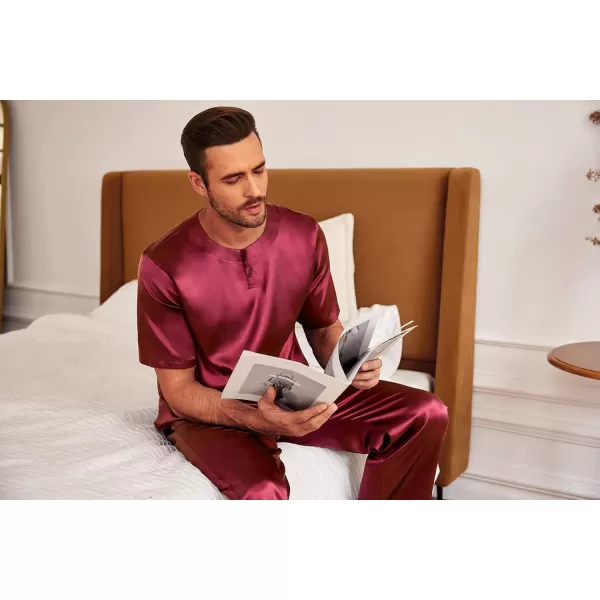 Ekouaer Mens Silk Satin Pajama Set Short Sleeve Sleepwear Silky Loungewear with Long PantsButton Down Wine Red