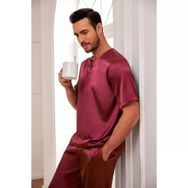 Ekouaer Mens Silk Satin Pajama Set Short Sleeve Sleepwear Silky Loungewear with Long PantsButton Down Wine Red