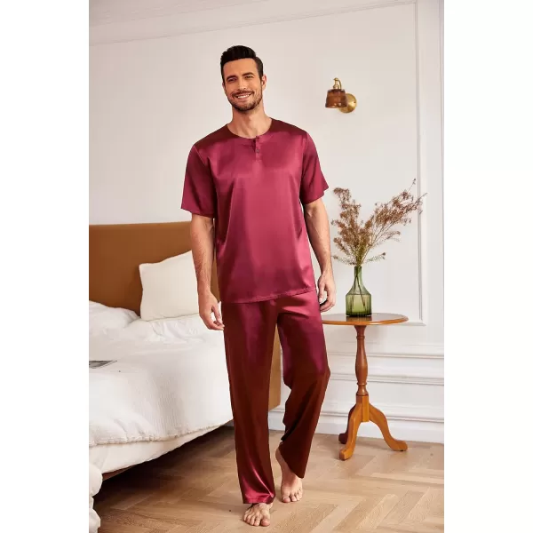 Ekouaer Mens Silk Satin Pajama Set Short Sleeve Sleepwear Silky Loungewear with Long PantsButton Down Wine Red