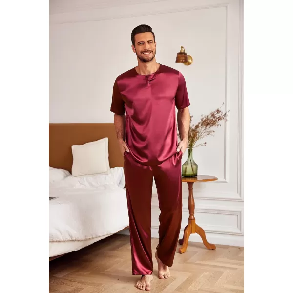 Ekouaer Mens Silk Satin Pajama Set Short Sleeve Sleepwear Silky Loungewear with Long PantsButton Down Wine Red