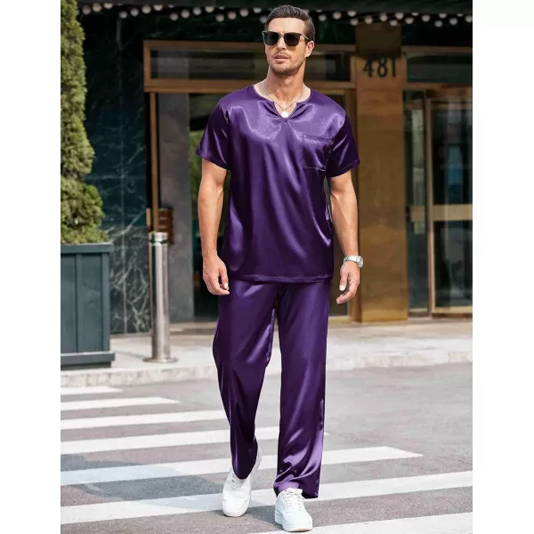 Ekouaer Mens Silk Satin Pajama Set Short Sleeve Sleepwear Silky Loungewear with Long PantsV Neck V Neckpurple