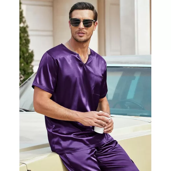 Ekouaer Mens Silk Satin Pajama Set Short Sleeve Sleepwear Silky Loungewear with Long PantsV Neck V Neckpurple