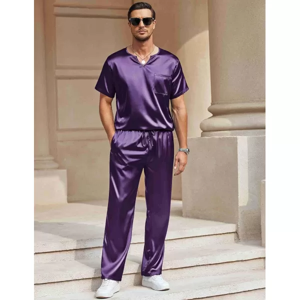 Ekouaer Mens Silk Satin Pajama Set Short Sleeve Sleepwear Silky Loungewear with Long PantsV Neck V Neckpurple